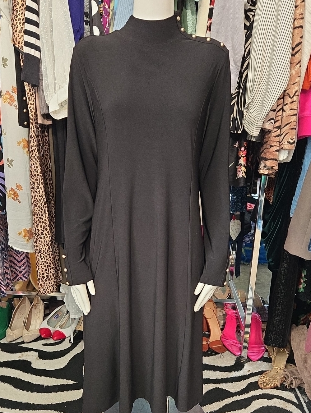 dennis basso Black Long-Sleeve Midi Dress with Gold Button Detail
